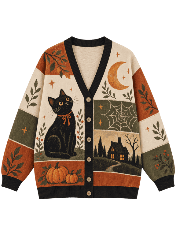Autumn Black Cat Patchwork Knitted Cardigan, Pumpkin Moon Sweater