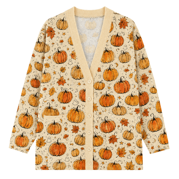 Lotusprint LLC Autumn Pumpkin Ghost Knitted Cardigan, Fall Seasonal Sweater, Cute Harvest Button Up Cardigan
