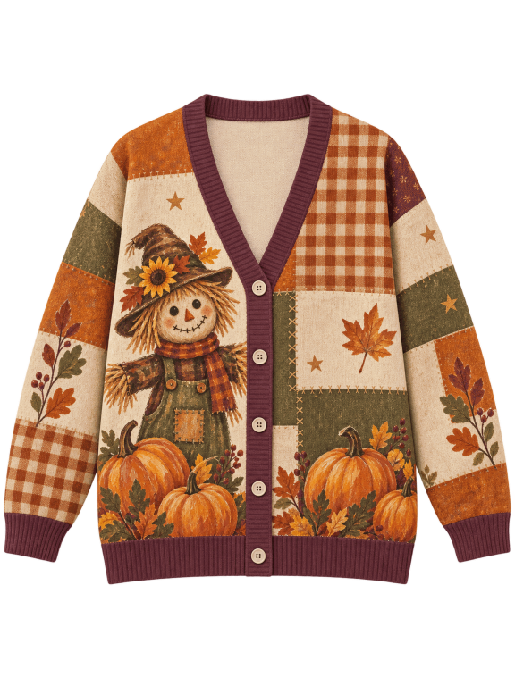 Autumn Scarecrow Pumpkin Knitted Cardigan, Harvest Patchwork Sweater