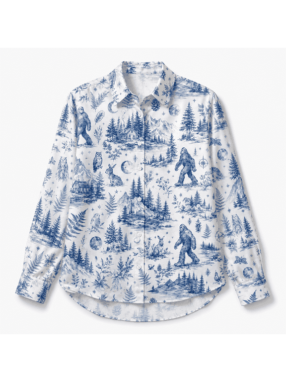 Bigfoot Forest Women’s Satin Button Down Shirt, Winter Woodland Shirt