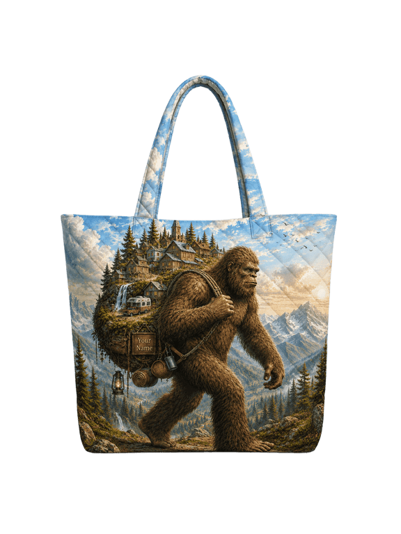 Bigfoot Mountain Adventure Quilted Tote Bag, Sasquatch Forest Carryall
