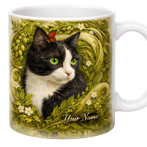 Lotusprint LLC Black Cat Butterfly Night Garden 2D Print Flat Ceramic Mug, Aesthetic Cat Mug, White