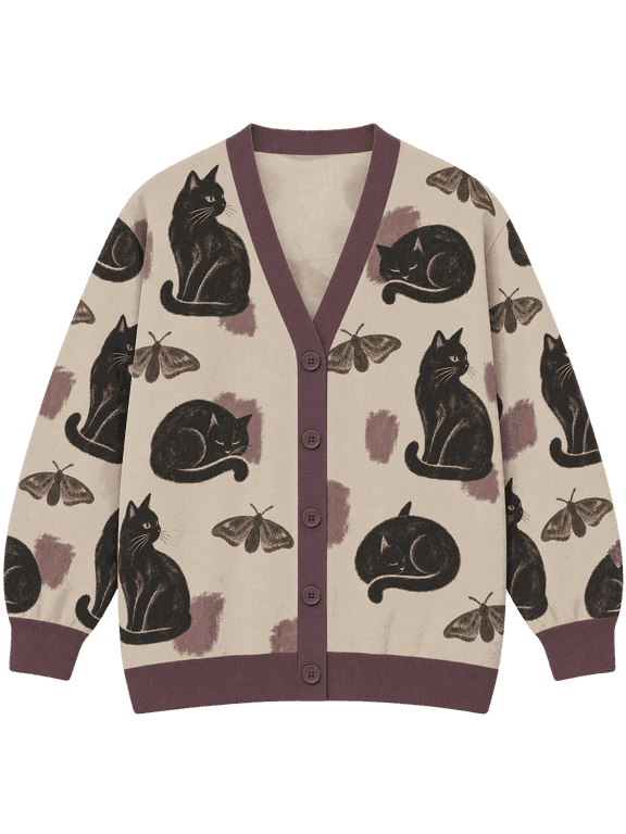 Black Cat Moth Knitted Cardigan, Gothic Cat Sweater, Vintage Button Up Cardigan
