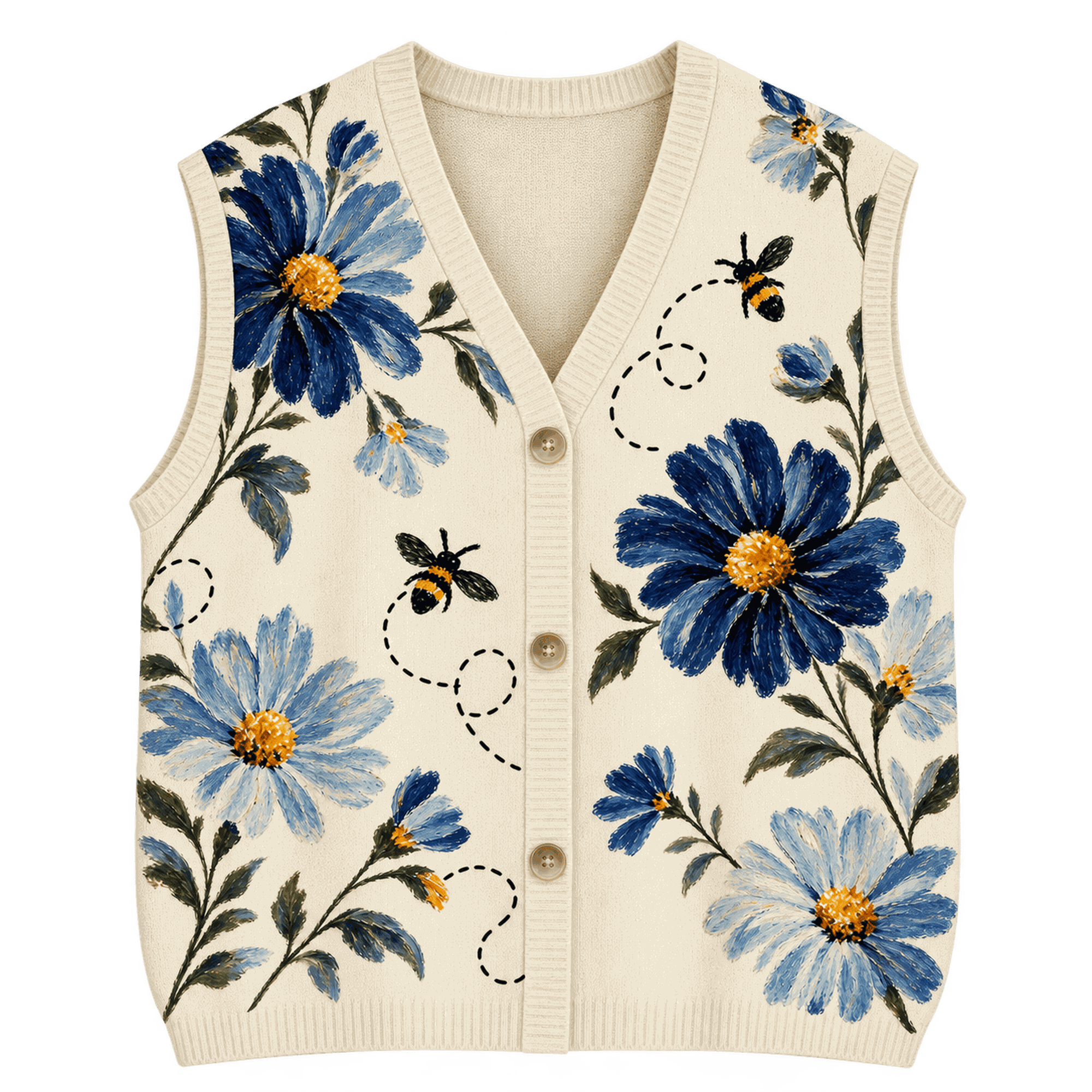 Lotusprint LLC Blue Daisy Bee Knitted Cardigan Vest, Sweet Cottagecore ...