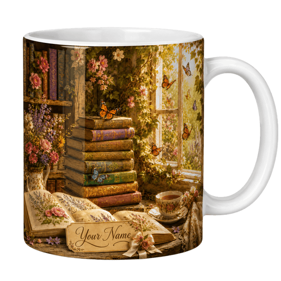 Lotusprint LLC Book Lover 2D Print Flat Ceramic Mug, Reader Library Cup