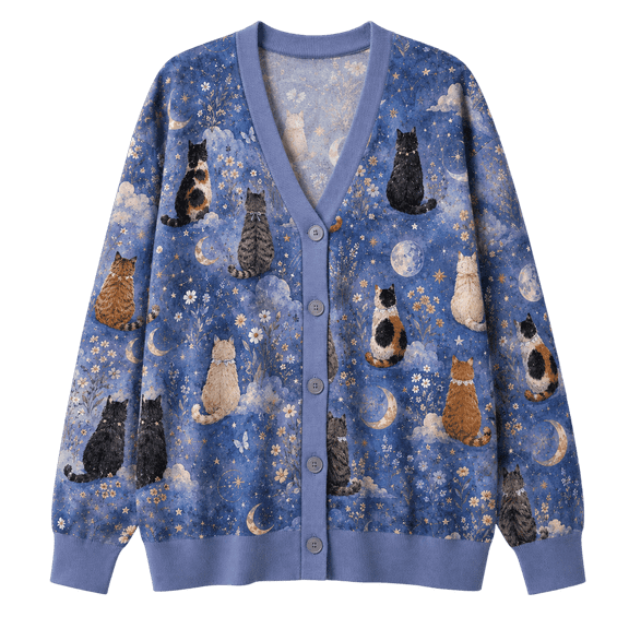 Lotusprint LLC Celestial Cat Moon Knitted Cardigan, Starry Night Pet Lover Sweater