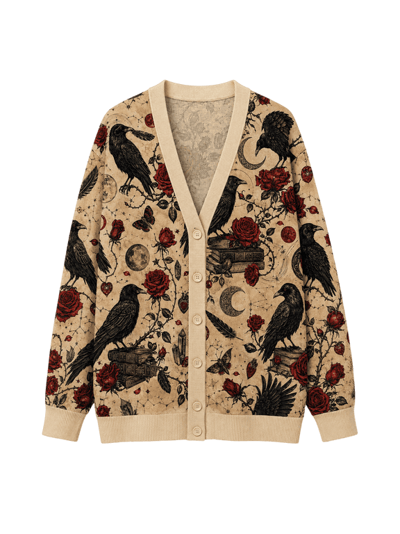 Celestial Crow Red Rose Knitted Cardigan, Gothic Bird Sweater, Moon Floral Button Up Cardigan