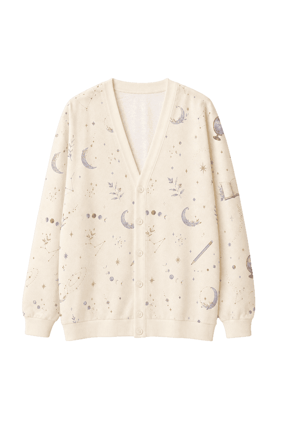 Celestial Study Knitted Cardigan, Moon Star Book Sweater, Academic Button Up Cardigan