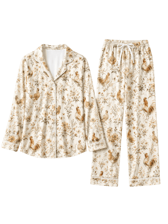 Chicken Farmhouse All-over Print Matching Pajamas Set, Rustic Rooster Floral Pattern Sleepwear