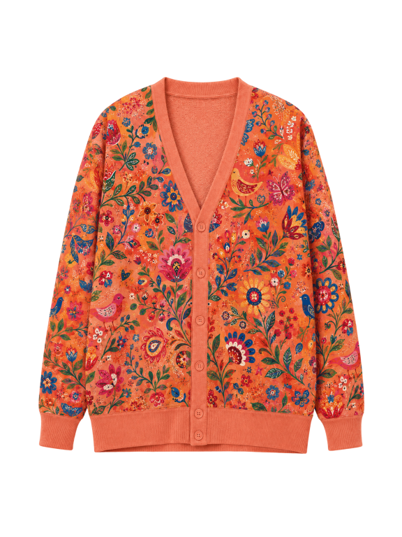 Colorful Botanical Bird Knitted Cardigan, Orange Folk Art Leaf Pattern Long Sleeve Button Sweater