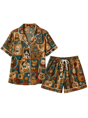 Cozy Cat Patchwork All-over Print Matching Pajamas Set Short-Sleeve, Multicolor, Cute Cat Sleepwear
