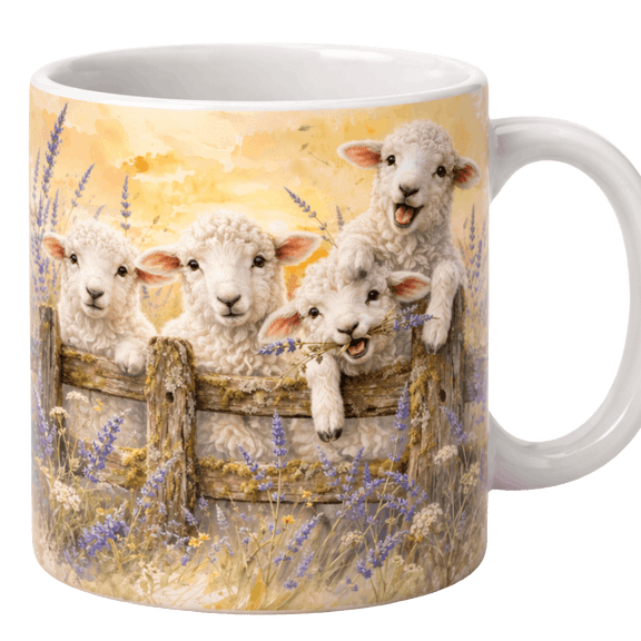 Lotusprint LLC Cute Lamb 2D Print Flat Ceramic Mug, Sheep Farm Floral Design Gift For Animal Lovers 11oz, White