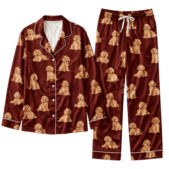 Lotusprint LLC Cute Puppy All-over Print Matching Pajamas Set, Brown Dog Pattern Sleepwear