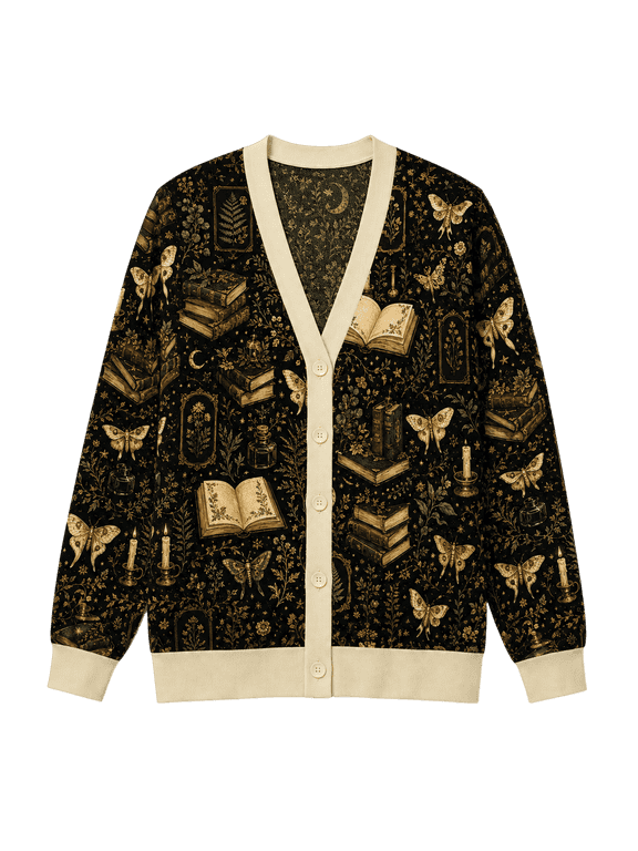 Dark Academia Book Moth Knitted Cardigan, Gothic Library Botanical Sweater