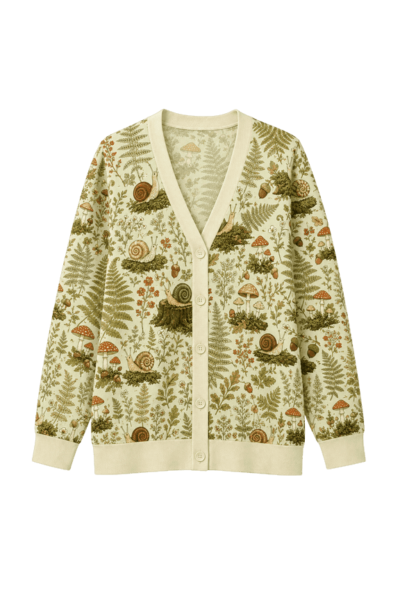 Forest Snail Mushroom Knitted Cardigan, Woodland Botanical Button Up Sweater