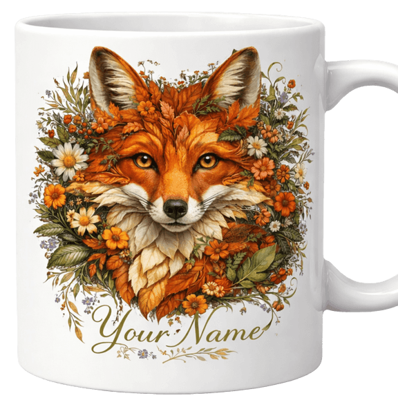 Lotusprint LLC Fox Floral 2D Print Flat Ceramic Mug, Custom Name Mug Animal Lover Gift , White