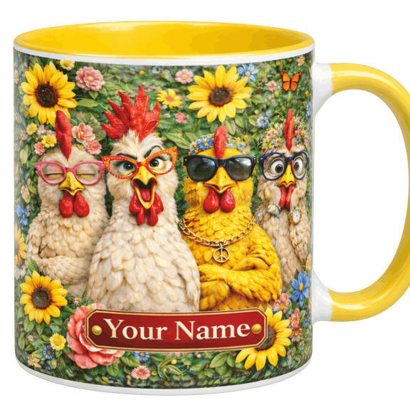 Lotusprint LLC Funny Chicken Personalized 2D Print Flat Accent Mug, Cool Rooster Glasses Sunflower Floral Design Gift 15oz, Red
