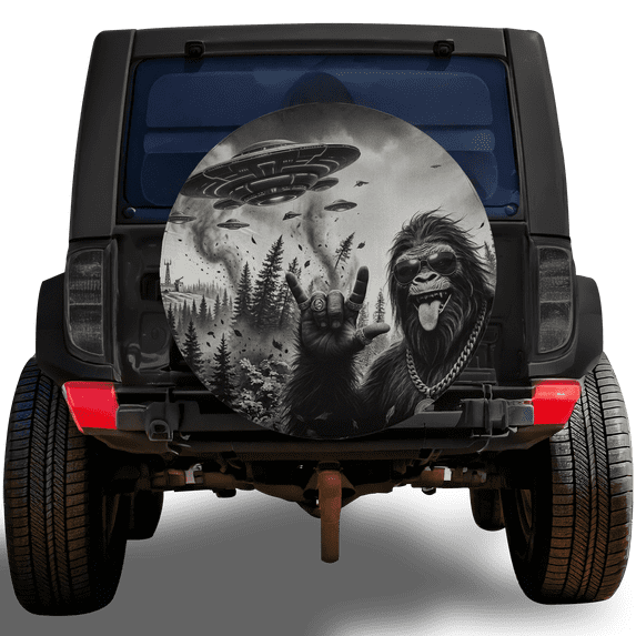 Lotusprint LLC Funny UFO Bigfoot Spare Tire Cover Without Backup Camera Hole, Multicolor, Funny Bigfoot Wheel Cover