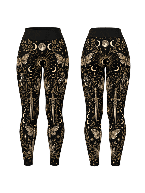 Gothic Celestial Moth Standard Leggings Multicolor, Moon Botanical High Waist Stretch Pants