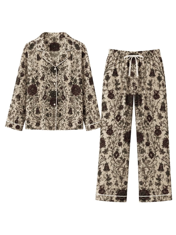 Gothic Floral Satin Pajamas Set, Dark Rose Botanical Long Sleeve Sleepwear