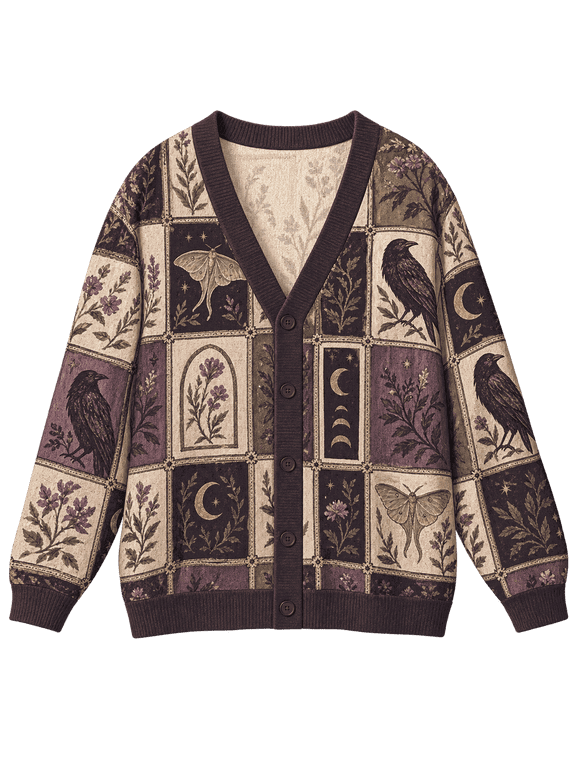 Gothic Raven Moon Moth Knitted Cardigan, Botanical Celestial Long Sleeve Button Sweater