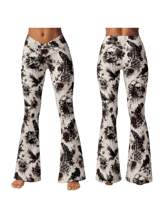 Gothic Raven Skull Rose All-over Print Flare Leggings, Floral Yoga Pants