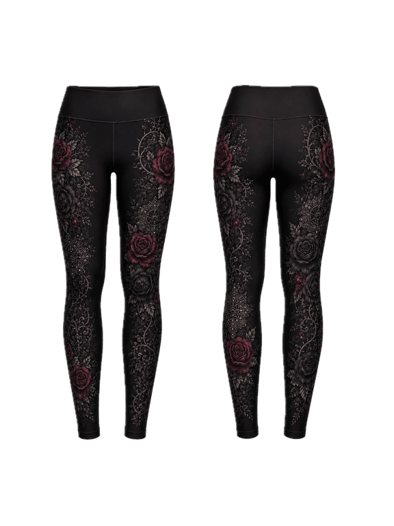 Gothic Rose Mandala Standard Leggings Multicolor, Black Floral High Waist Stretch Pants