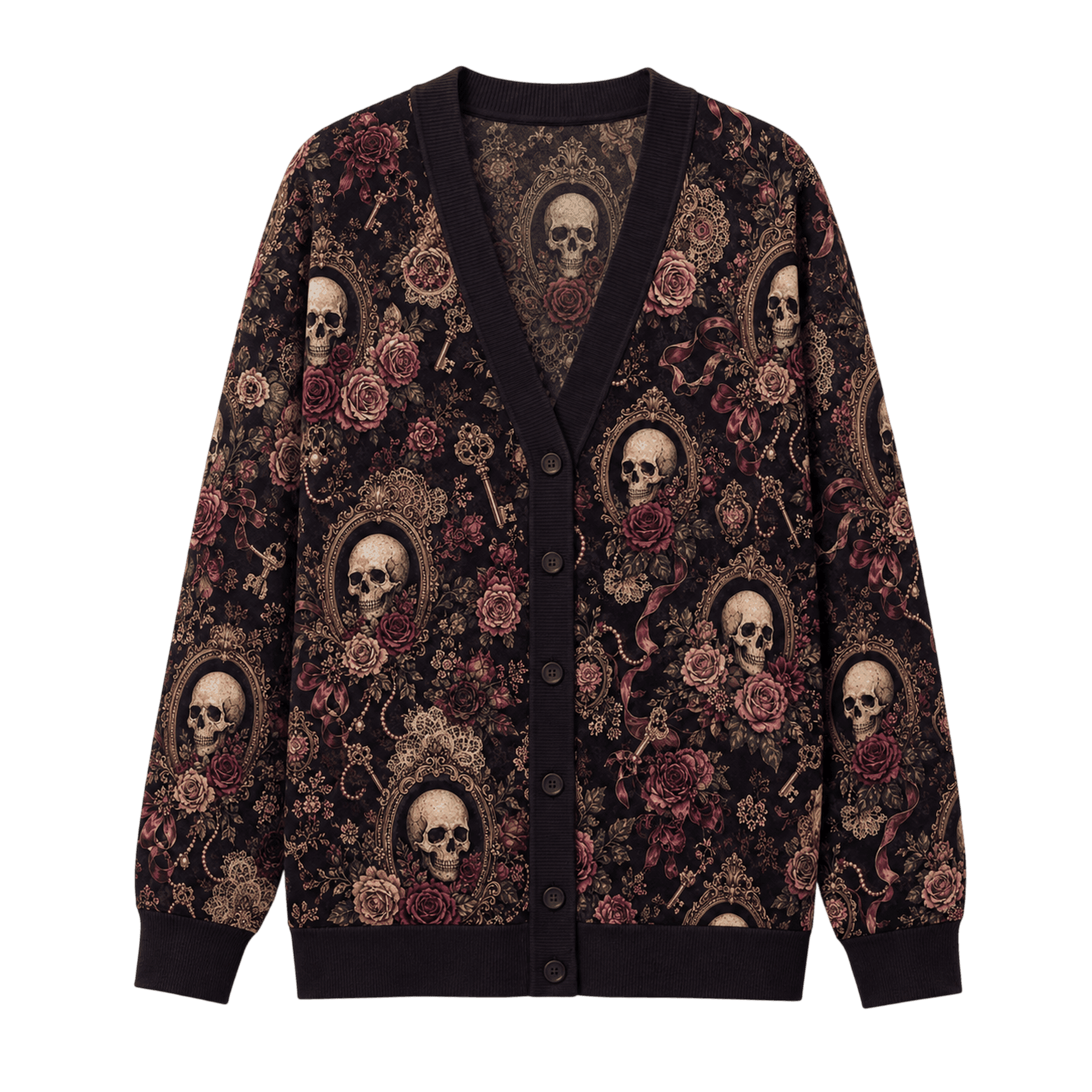 Lotusprint LLC Gothic Skull Rose Knitted Cardigan, Dark Floral Sweater ...