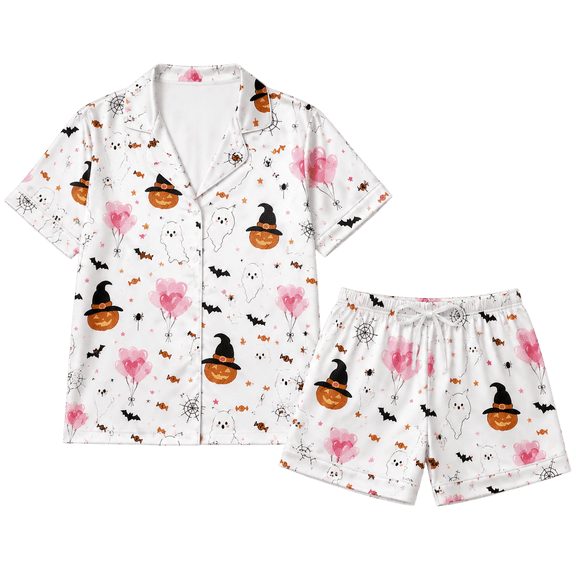 Lotusprint LLC Halloween Ghost Pumpkin All-over Print Matching Pajamas Set Short-Sleeve, Cute Spooky Pumpkin Pattern Sleepwear