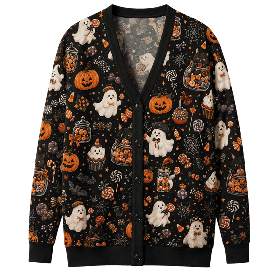 Lotusprint LLC Halloween Ghost Pumpkin Knitted Cardigan, Candy Spiderweb Bat Pattern Long Sleeve Button Sweater