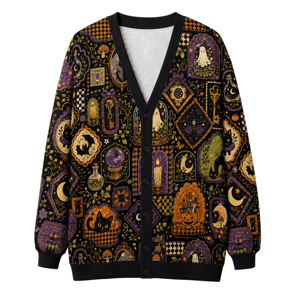 Lotusprint LLC Halloween Magic Knitted Cardigan, Black Cat Ghost Pumpkin Sweater, Mystical Moon Potion Button Up Cardigan