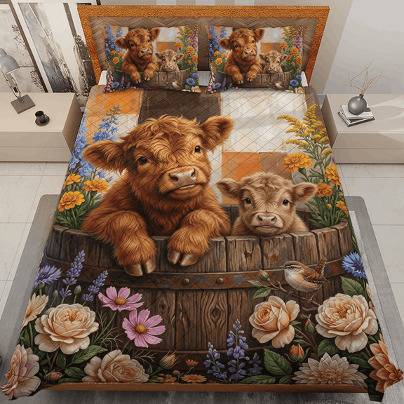 Lotusprint LLC Highland Cow Cute Farm Animal Floral Quilt Bedding Set, Rustic Country Bedroom Decor, Cozy Farmhouse Bed Set