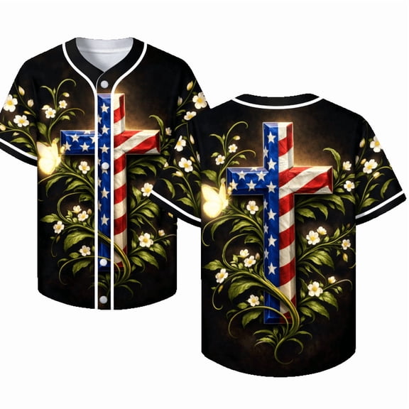 Lotusprint LLC Jesus Cross US Flag Baseball Jersey, Multicolor, Religious Patriotic Shirt