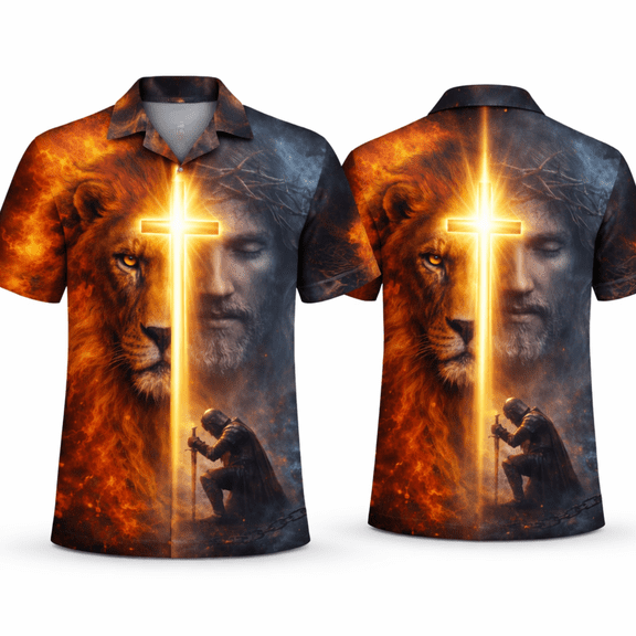 Lotusprint LLC Jesus and Lion Religious Hawaiian Shirt Short-sleeve, Christian Faith Tropical Summer Shirt