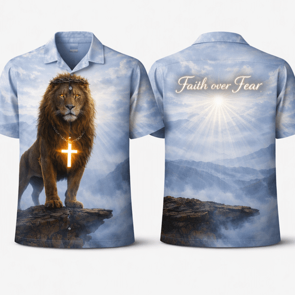 Lotusprint LLC Lion Faith Religious Hawaiian Shirt Short-sleeve, Christian Lion Graphic Button Up Hawaiian Shirt