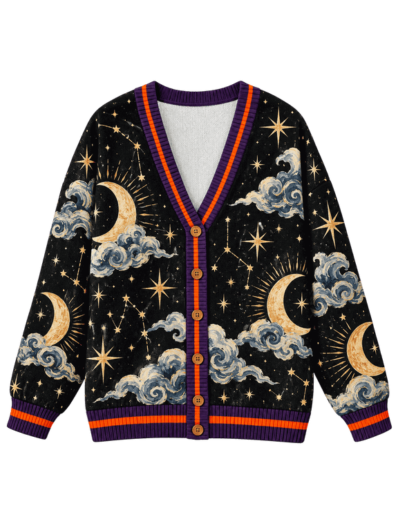 Moon Cloud Knitted Cardigan, Starry Night Sky Artistic Sweater