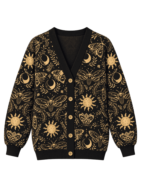 Moon Moth Knitted Cardigan, Botanical Sun Crescent Gothic Sweater