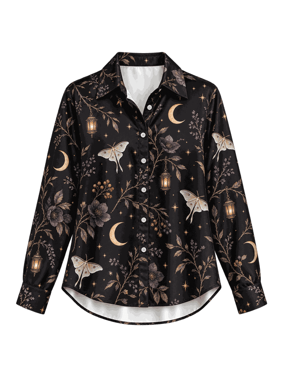 Moon Moth Women’s Satin Button Down Shirt, Dark Botanical Celestial Blouse