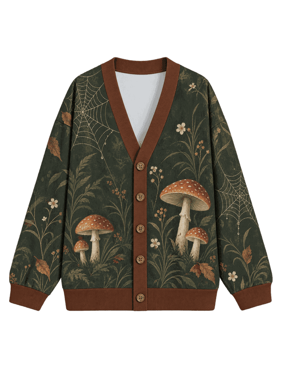 Mushroom Spiderweb Knitted Cardigan, Women’s V-Neck Long Sleeve Button Sweater