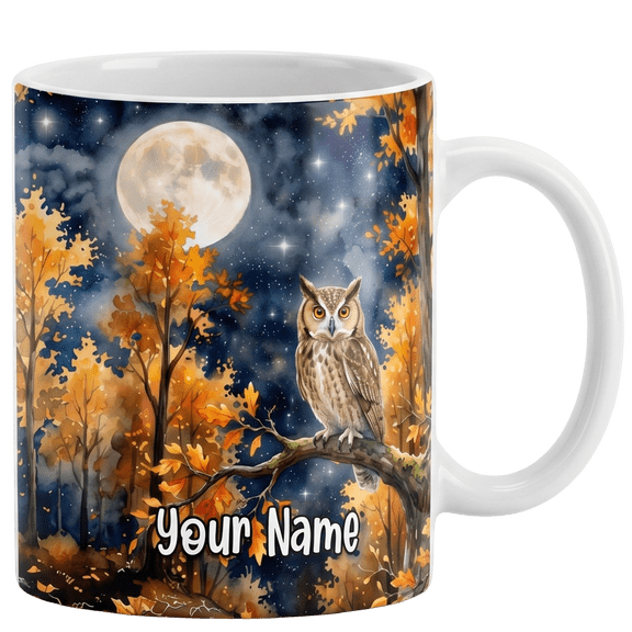 Lotusprint LLC Personalized Autumn Forest Night Owl Ceramic Mug, Woodland Owl Ceramic Mug, Moonlit Forest Bird Coffee Cup