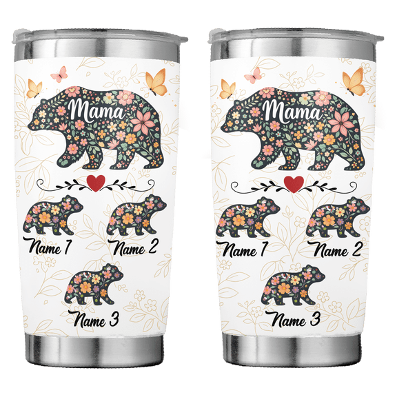 Lotusprint LLC Personalized Bear Floral Stainless Tumbler 20oz Flat 2D Print, Floral Bear Family Cup