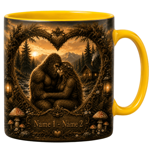 Lotusprint LLC Personalized Bigfoot Couple 2D Print Flat Accent Mug, Romantic Woodland Sasquatch Love Gift