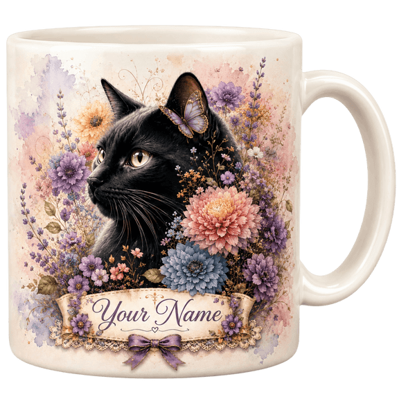 Lotusprint LLC Personalized Black Cat 2D Print Flat Ceramic Mug, Vintage Kitty Coffee Cup Gift