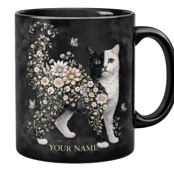 Lotusprint LLC Personalized Black Cat Floral 2D Print Flat Ceramic Mug, Custom Name Gift For Cat Lovers , Black