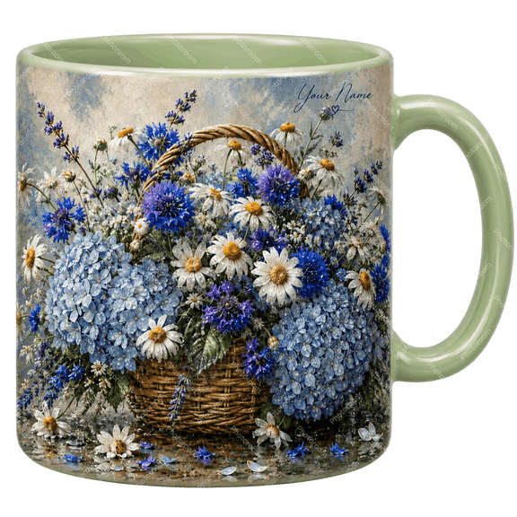 Lotusprint LLC Personalized Blue Hydrangea 2D Print Flat Accent Mug, Garden Drinkware Gift For Flower Lovers