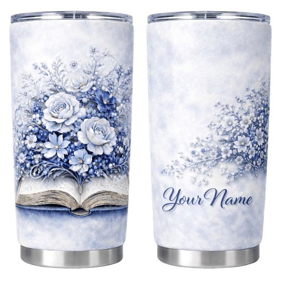 Lotusprint LLC Personalized Book Floral Stainless Tumbler 20oz, Book Gift Insulated Drinkware for Coffee Travel Daily Use