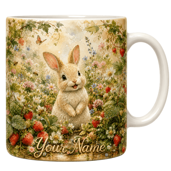 Lotusprint LLC Personalized Bunny Strawberry 2D Print Flat Ceramic Mug, Cute Rabbit Floral Ceramic Cup