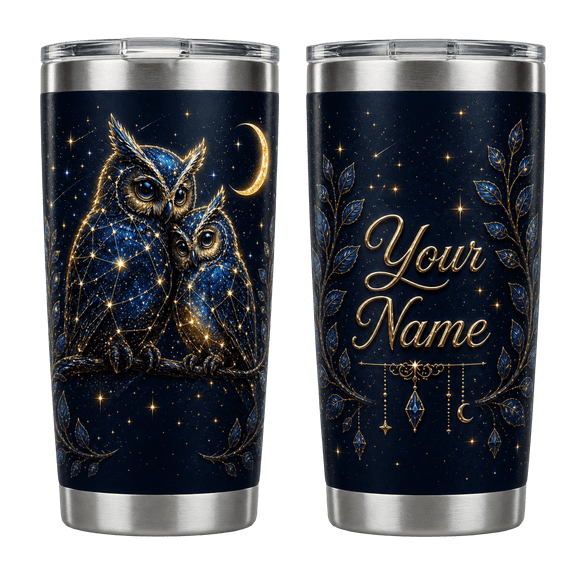 Lotusprint LLC Personalized Celestial Owl Stainless Tumbler 20oz Flat 2D Print, Moon Galaxy Travel Mug