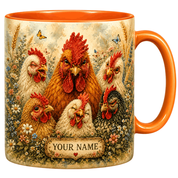 Lotusprint LLC Personalized Chicken Family 2D Print Flat Accent Mug, Farmhouse Rooster Floral Mug