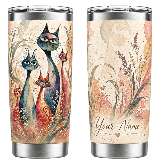 Lotusprint LLC Personalized Colorful Cute Cat Stainless Tumbler 20oz Flat 2D Print, Artistic Pet Design Custom Name Insulated Cup